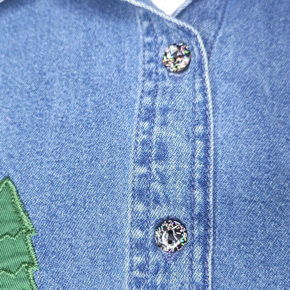 Vintage L.A. Blues Denim Shirt L Snowman Embroidery Velvet Trim Long Sleeve Top - Picture 7 of 7